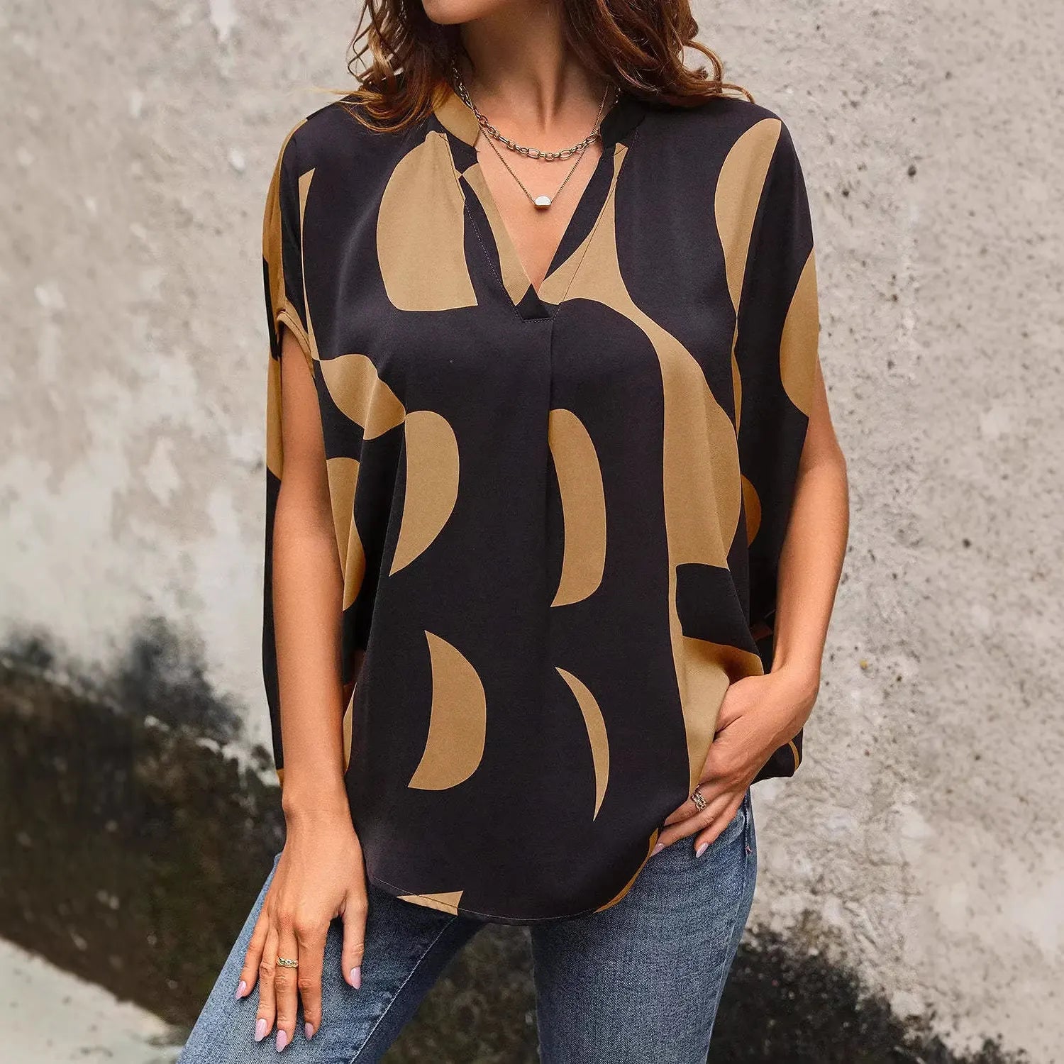 Color Block V-Neck Batwing Sleeve Loose Casual T-Shirt