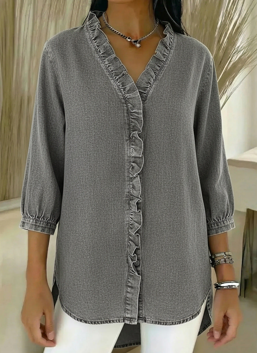 Ruffled V-Neck Three-Quarter Sleeve Blouse