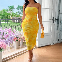 Plus Size Yellow Tie Dye Strapless Dress