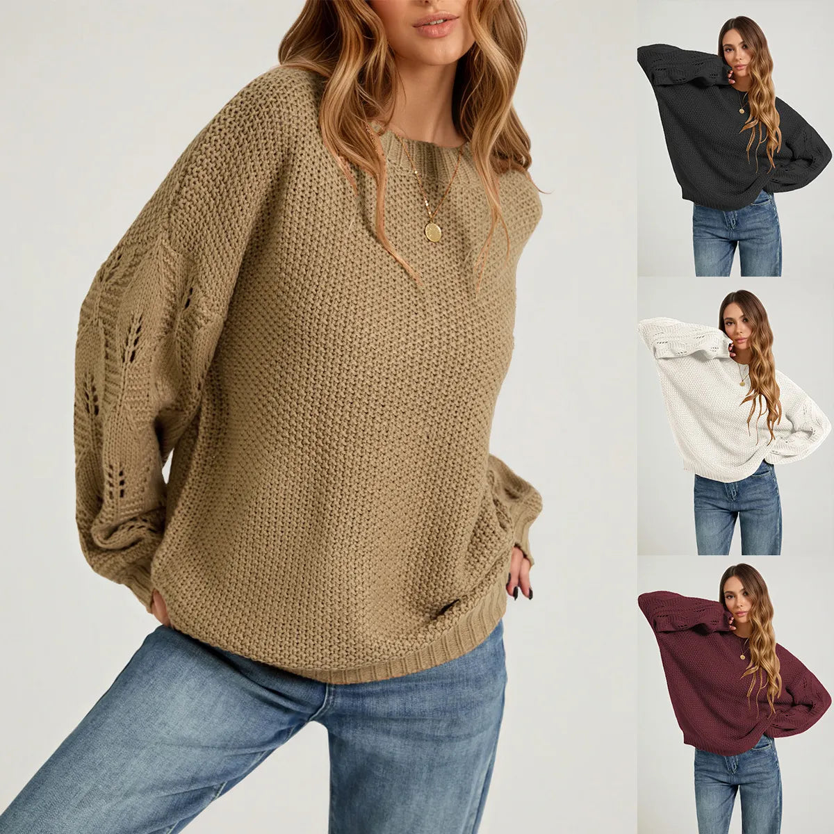 Textured Waffle Knit Oversized Crewneck Sweater Hollow Cable Sleeve Fall Jumper