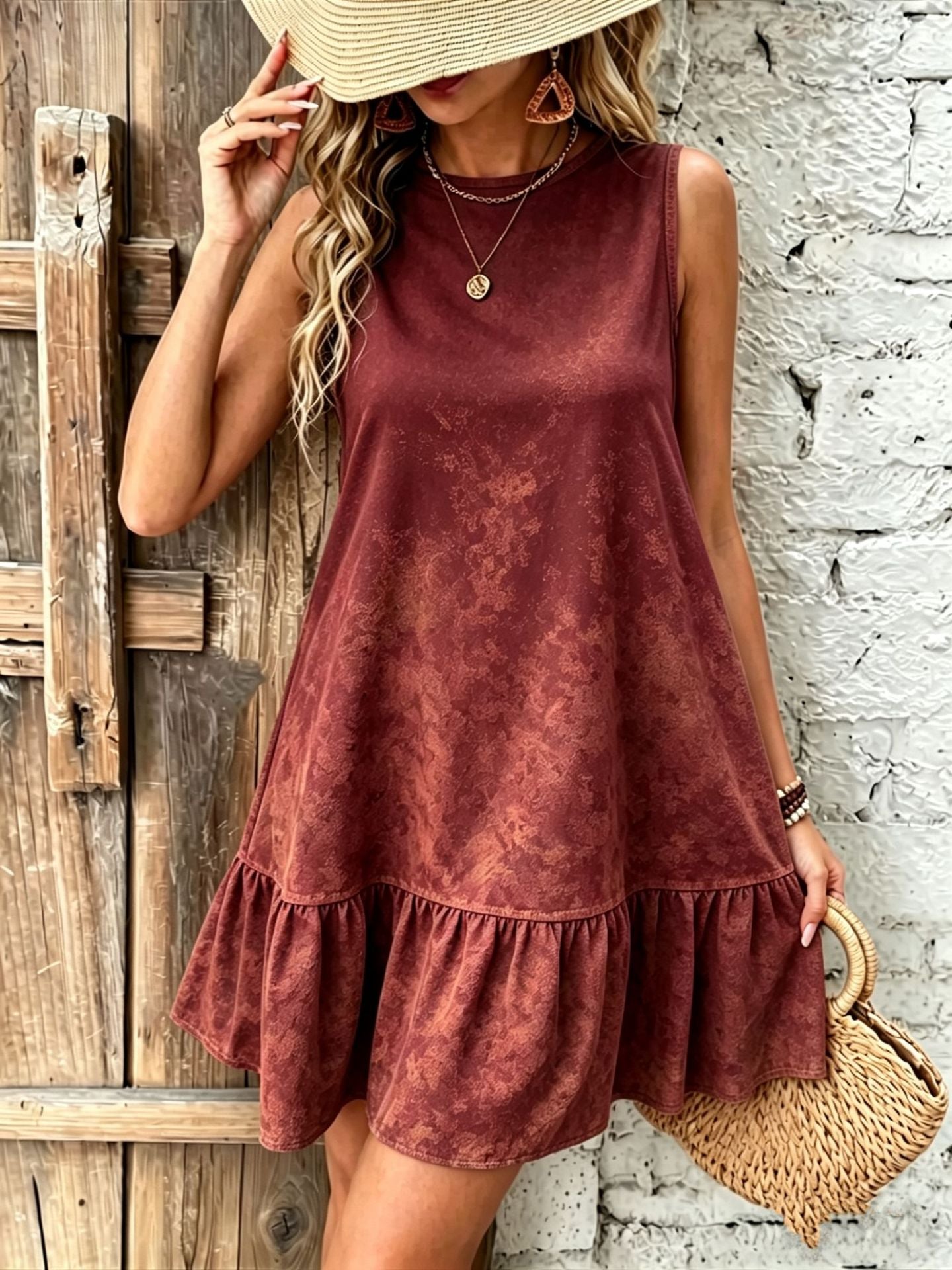 Green Gradient Round Neck Sleeveless Ruffle Hem Mini Dress