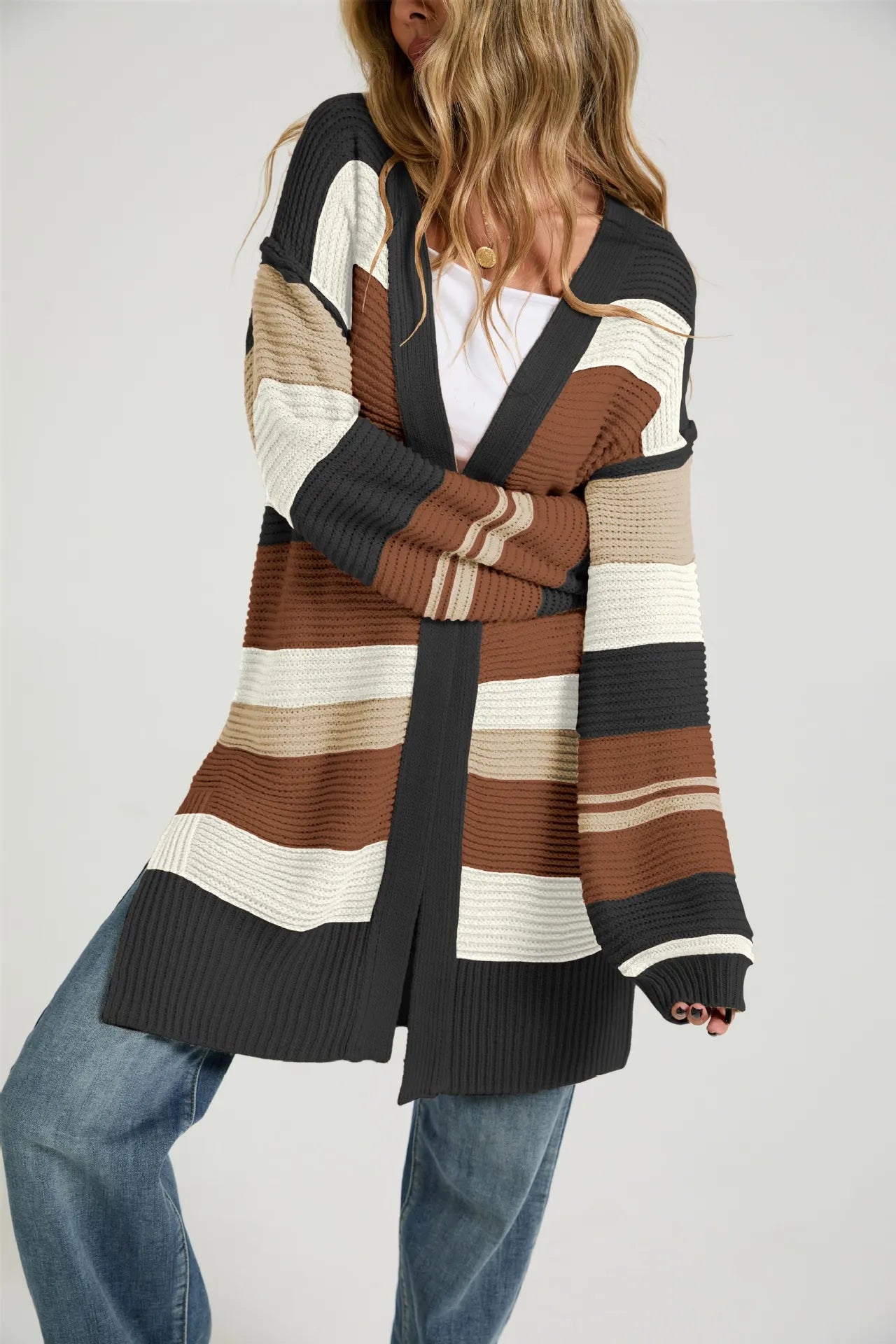 Multi Color Striped Long Open Knit Cardigan Long Sleeve Thumbhole Casual Sweater Coat