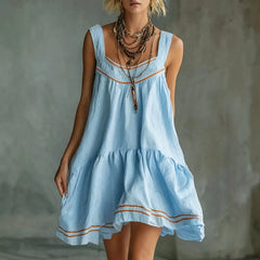 Color Stripe U-Neck Sleeveless Loose Tiered Ruffle Mini Sundress
