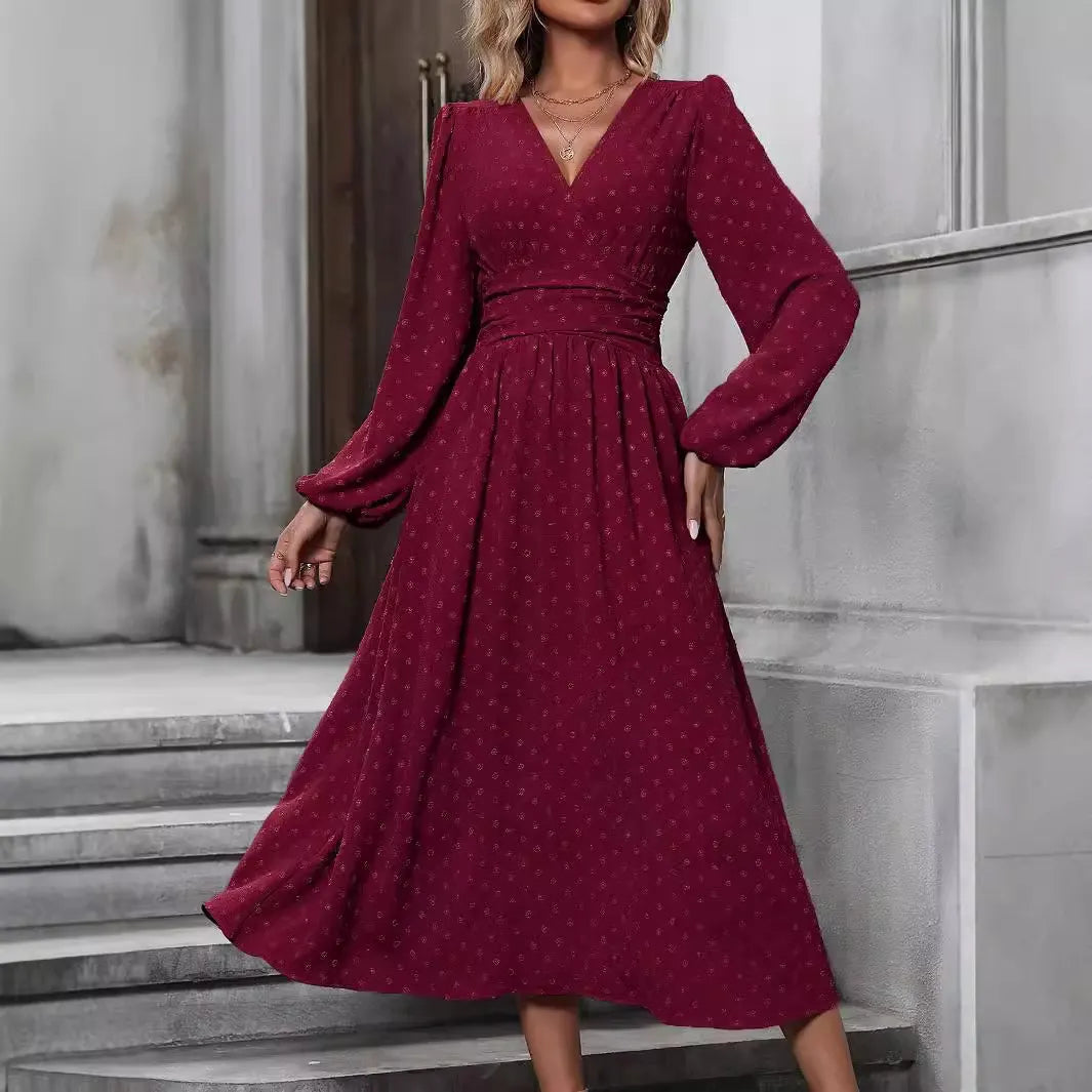 Deep V Neck Swiss Dot Midi Dress, Long Puff Sleeve Empire Waist Chiffon Party Dress