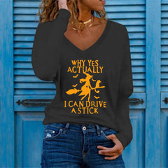 Halloween Witch Graphic V‑Neck Long Sleeve T‑Shirt