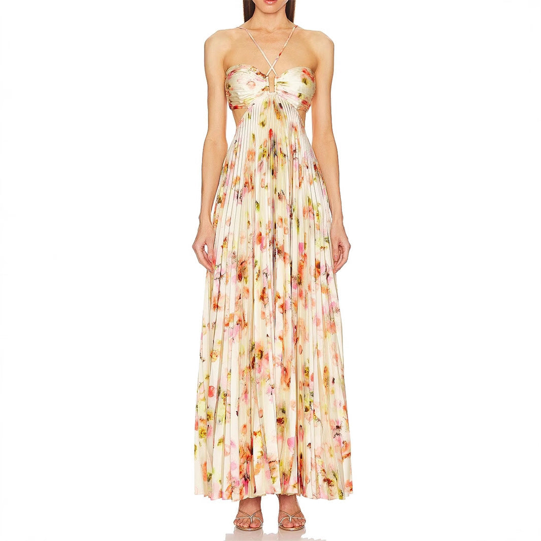 Floral Halter Cutout Pleated Maxi Dress