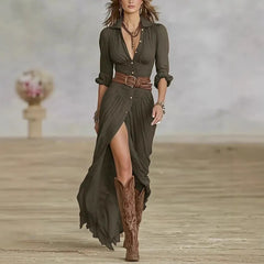 Western Style Collared Button Down Ruched Maxi Dress