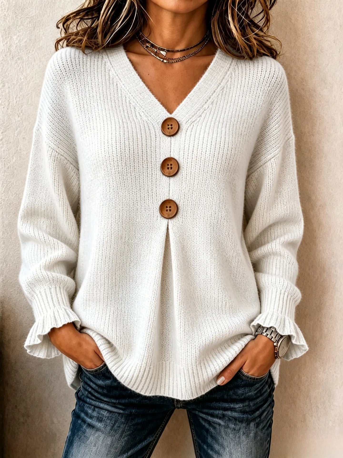 V‑Neck Button Detail Pullover Sweater