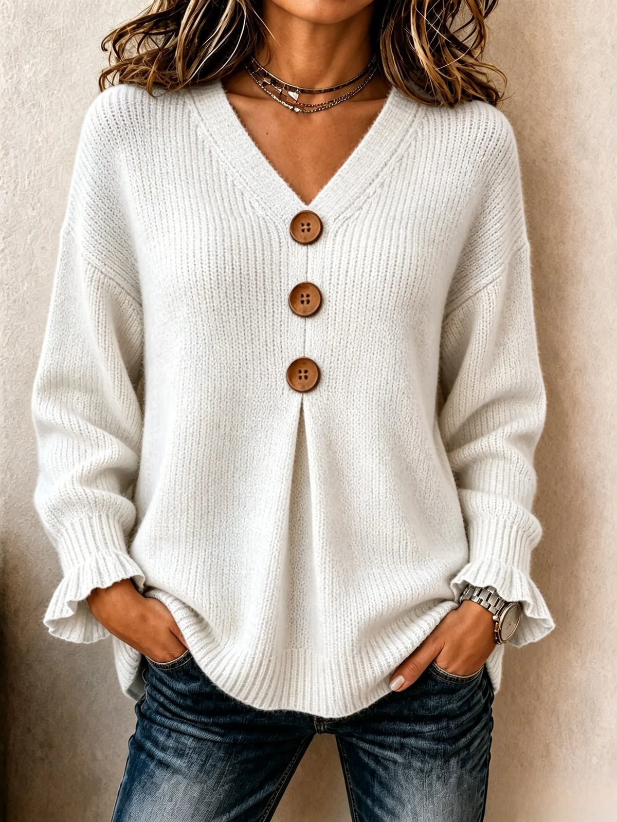 V‑Neck Button Detail Pullover Sweater