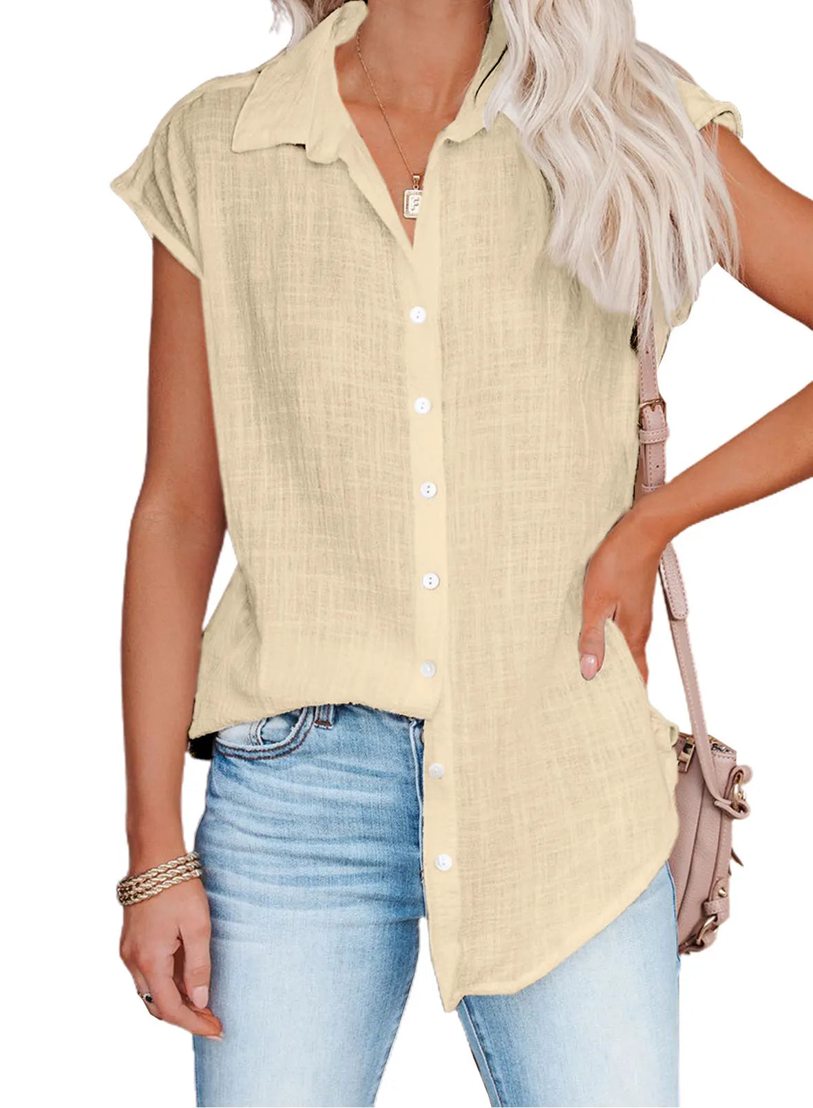 White Sleeveless Button Down Shirt, Loose Fit Linen Blend Blouse for Summer