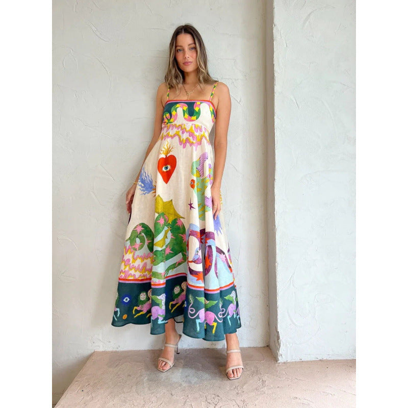 Whimsical Art Print Spaghetti-Strap Maxi Dress