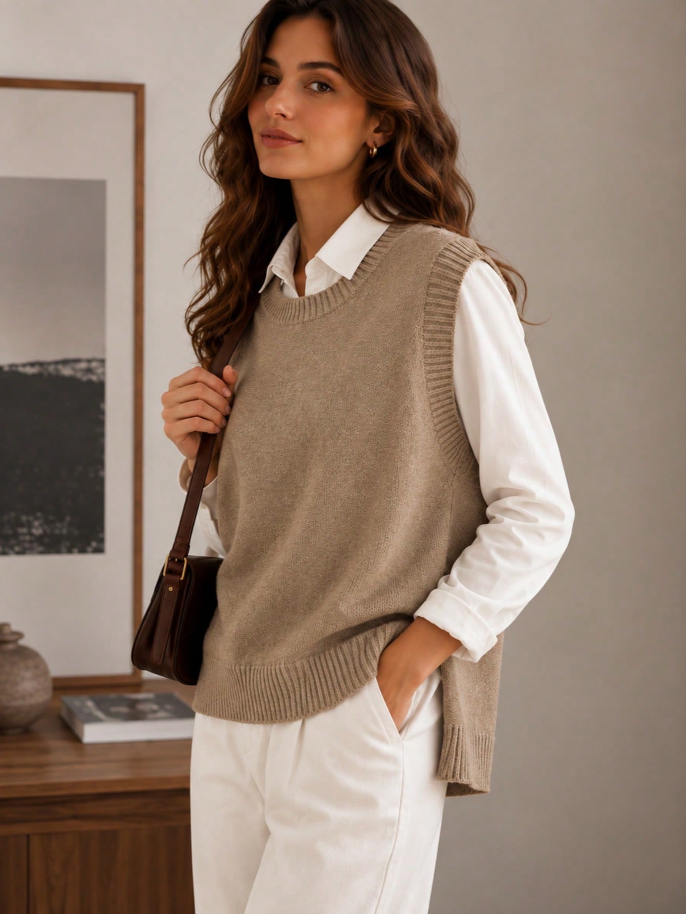 Chocolate Brown Round Neck Knit Sweater Vest