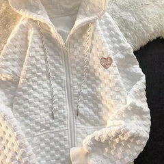 Waffle Textured Grid Heart Patch Zip Up Hoodie Loose Casual Sweatshirt