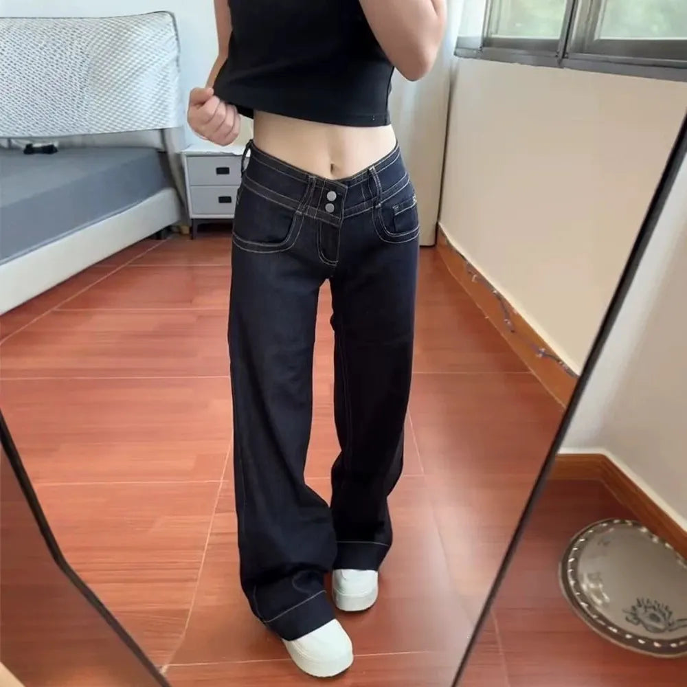 Double Button Low Rise Wide Leg Denim Jeans