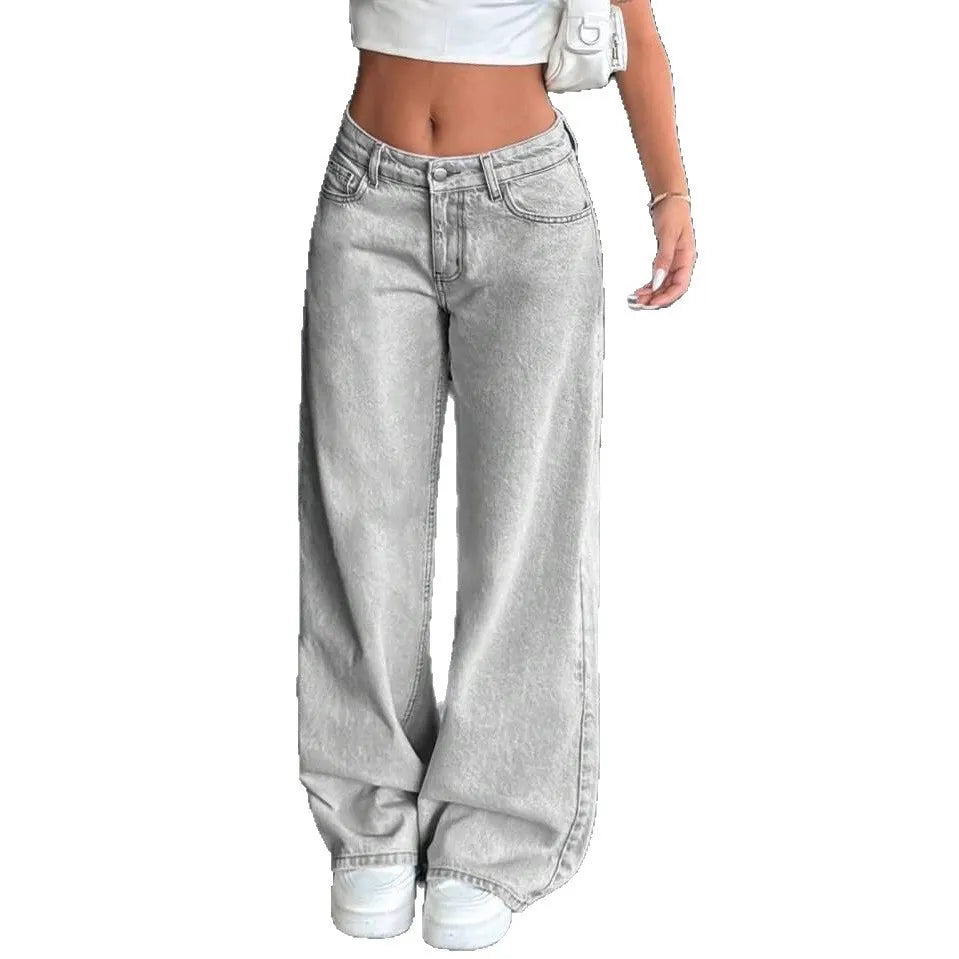 Mid Waist Washed Light Grey Straight Denim Jeans