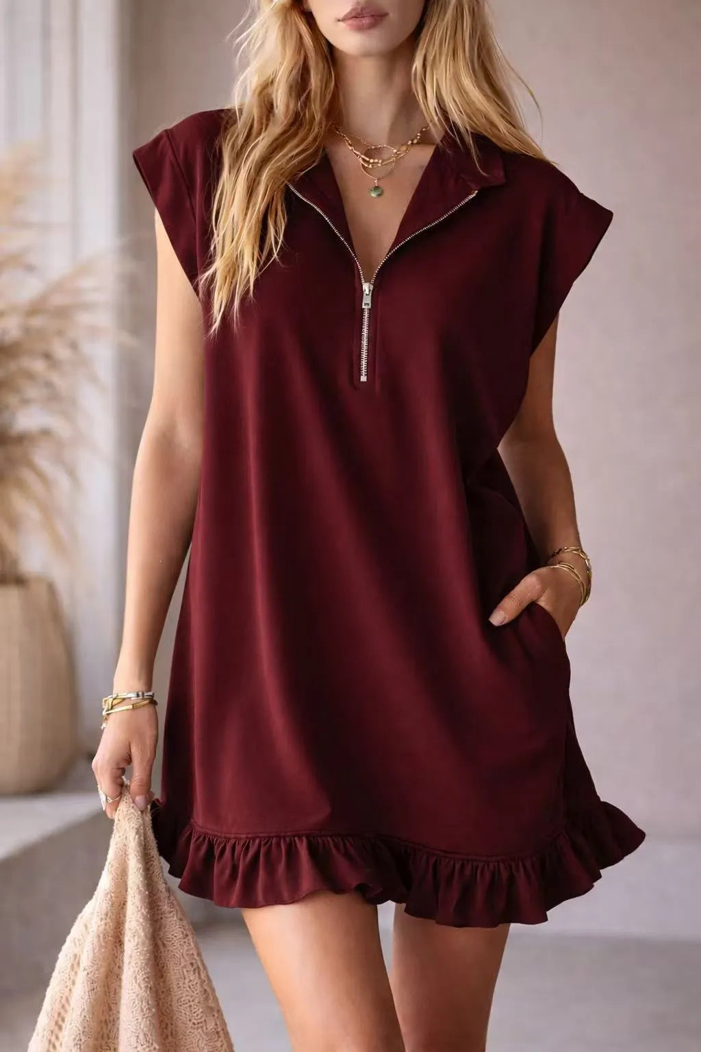Solid Color Zipper Detail Ruffle Hem Sleeveless Loose A-Line Mini Dress