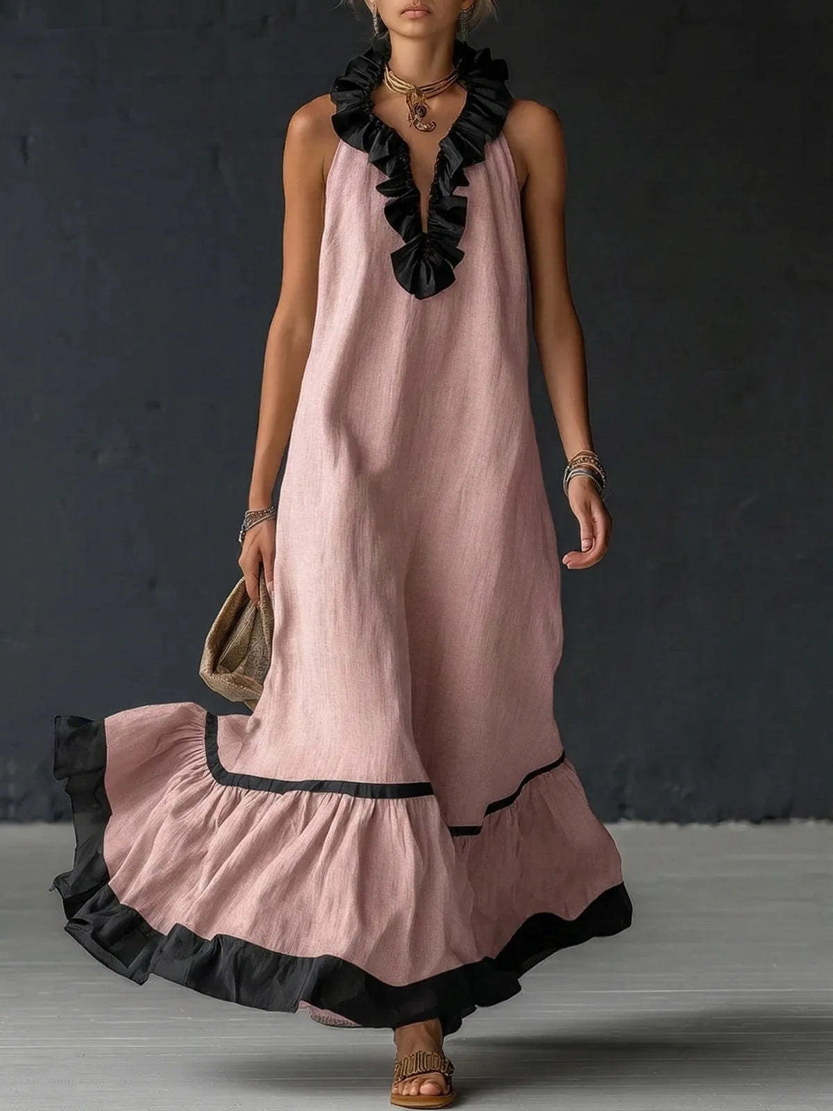 Contrast Ruffle V-Neck Sleeveless Maxi Dress