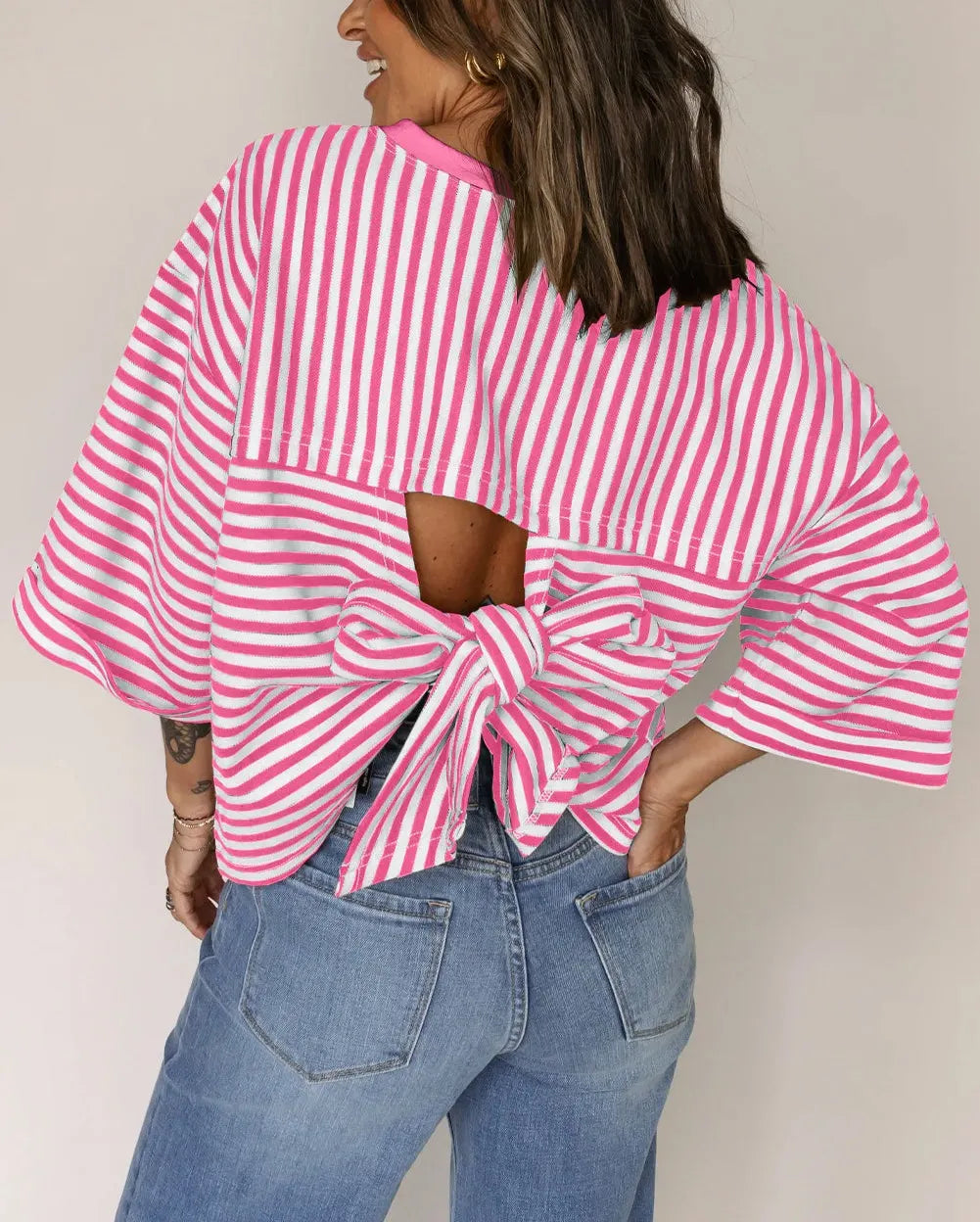 Crew Neck Horizontal Striped Loose Short Horn Sleeve Casual T-Shirt