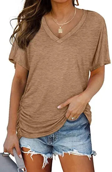 V-Neck Solid Color Loose Short Sleeve Rayon Blend Casual T-shirt