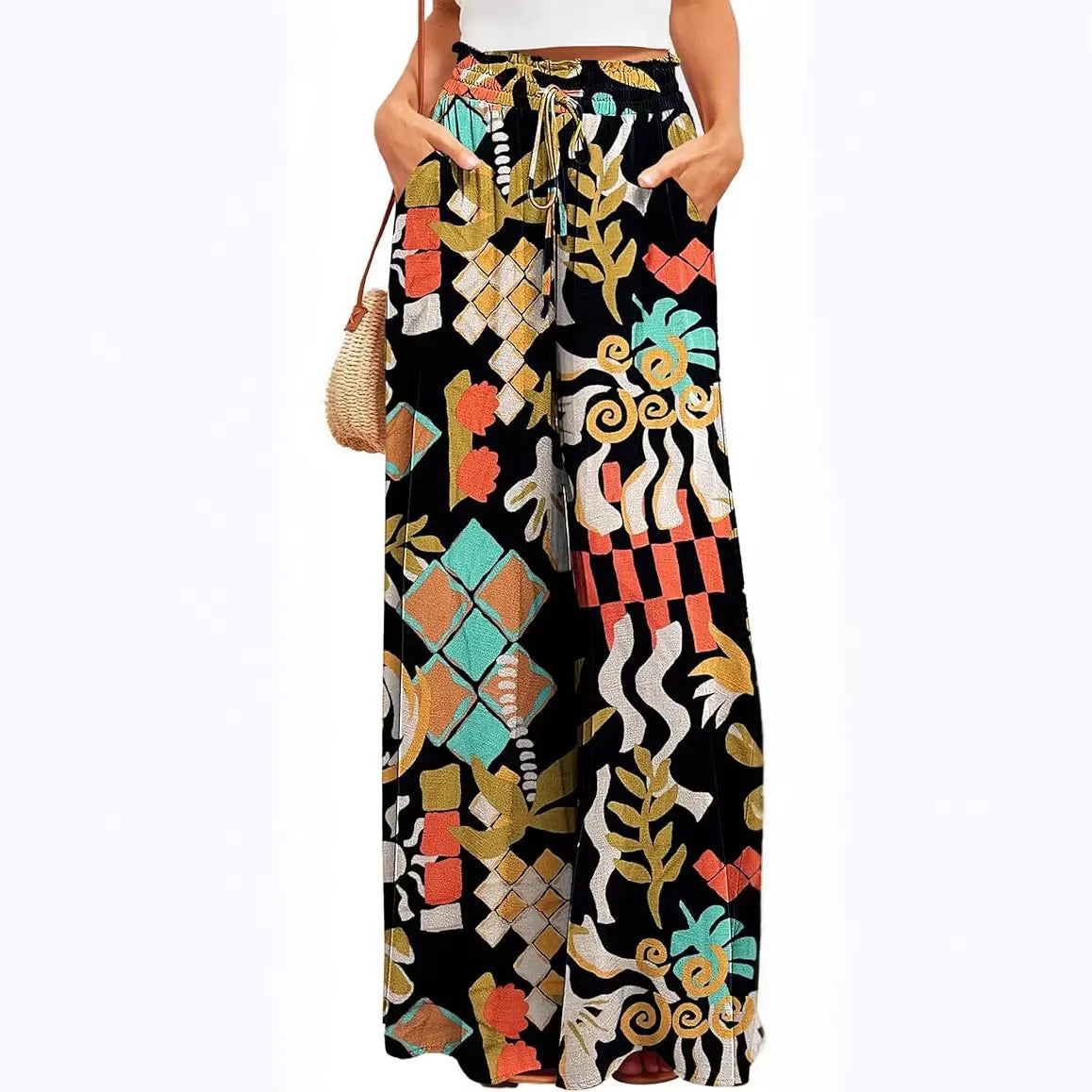 Boho Geometric Leaf Print Drawstring High Waist Non-Stretch Chiffon Loose Wide Leg Long Casual Pants