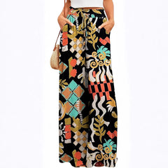 Boho Geometric Leaf Print Drawstring High Waist Non-Stretch Chiffon Loose Wide Leg Long Casual Pants