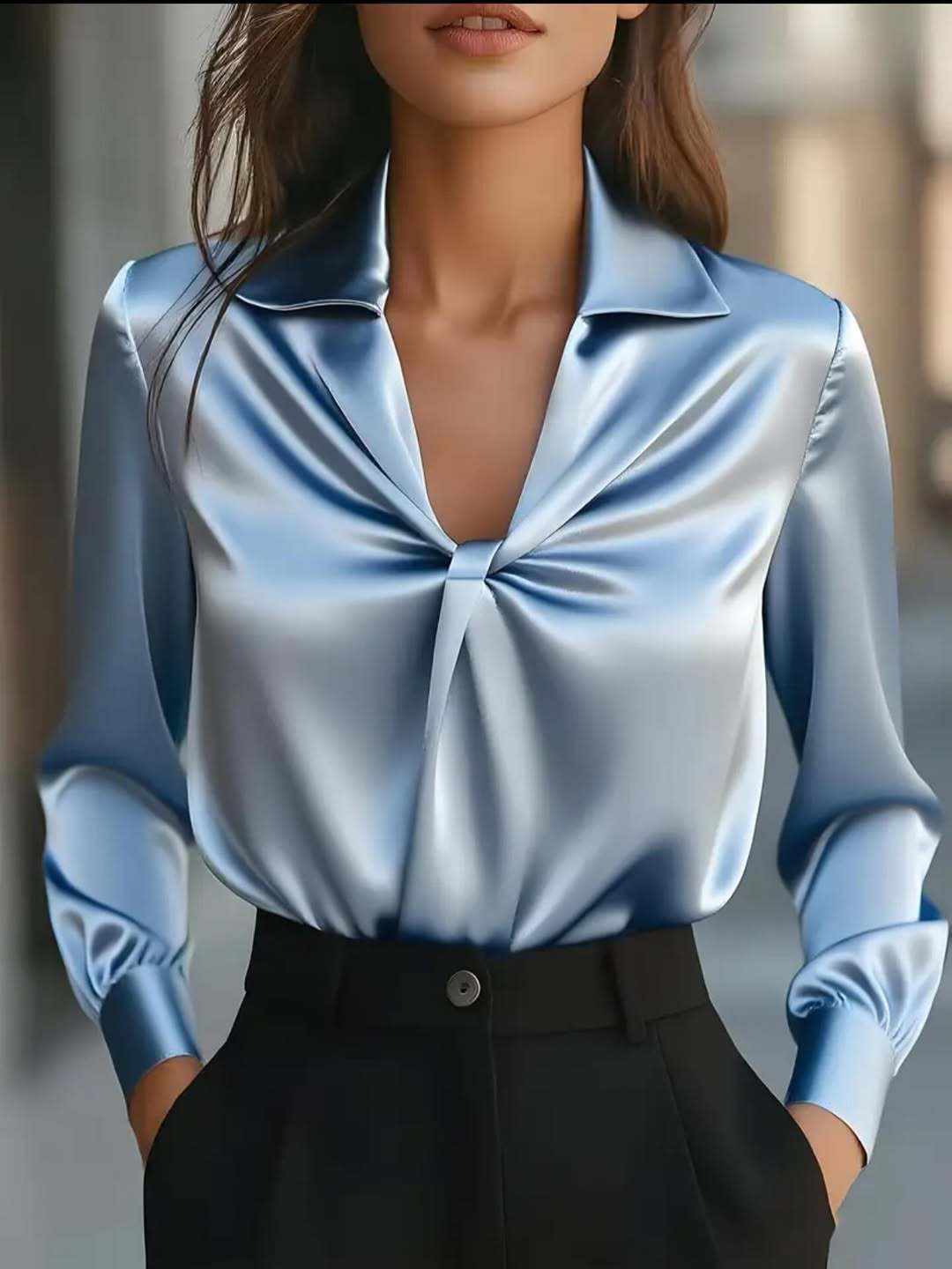 Solid Twisted Front Satin Long-Sleeve Blouse