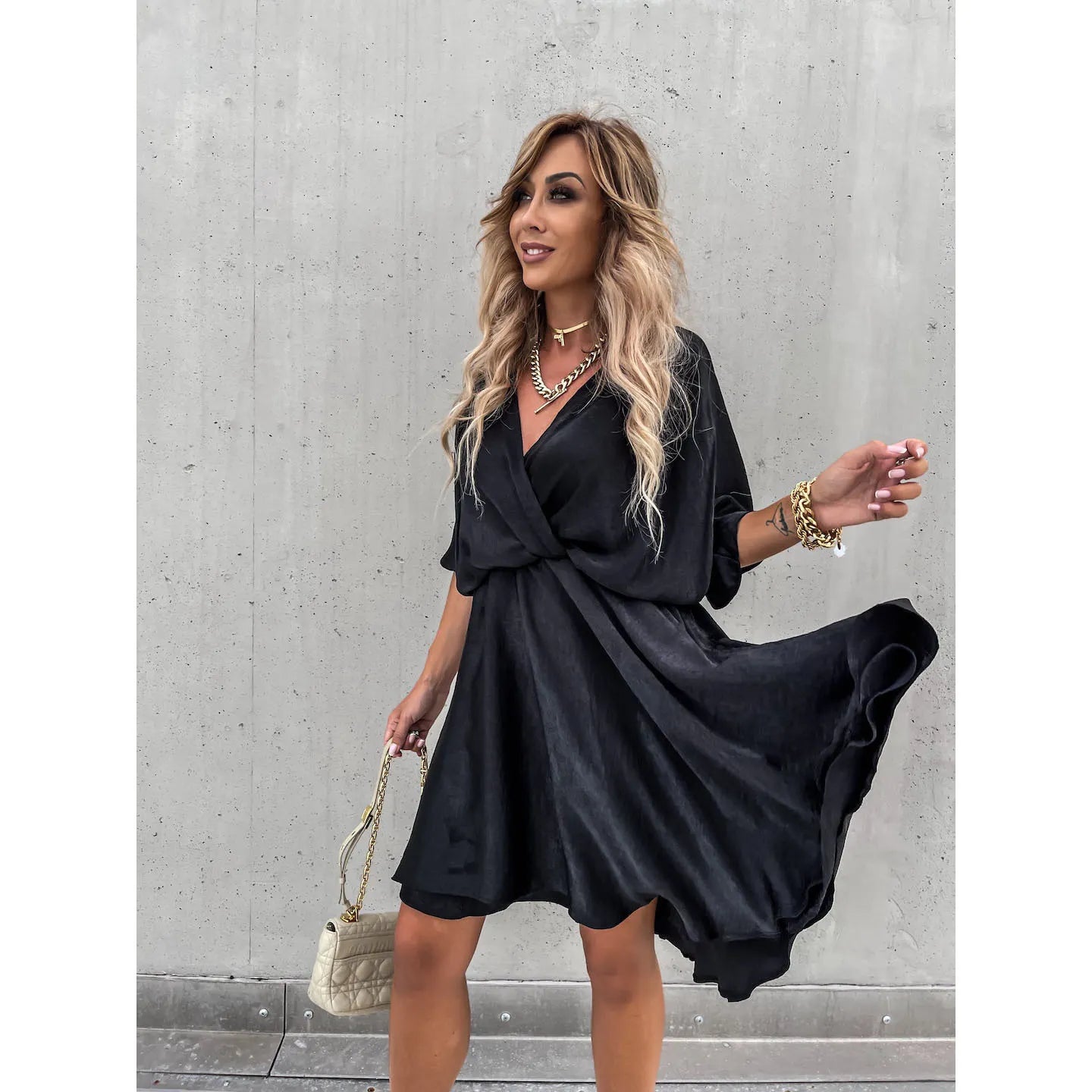 Batwing Sleeve Wrap Front Mini Dress