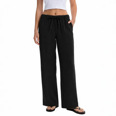 Drawstring Elastic Waist Wide Leg Casual Long Pants Solid Color Loose Trousers