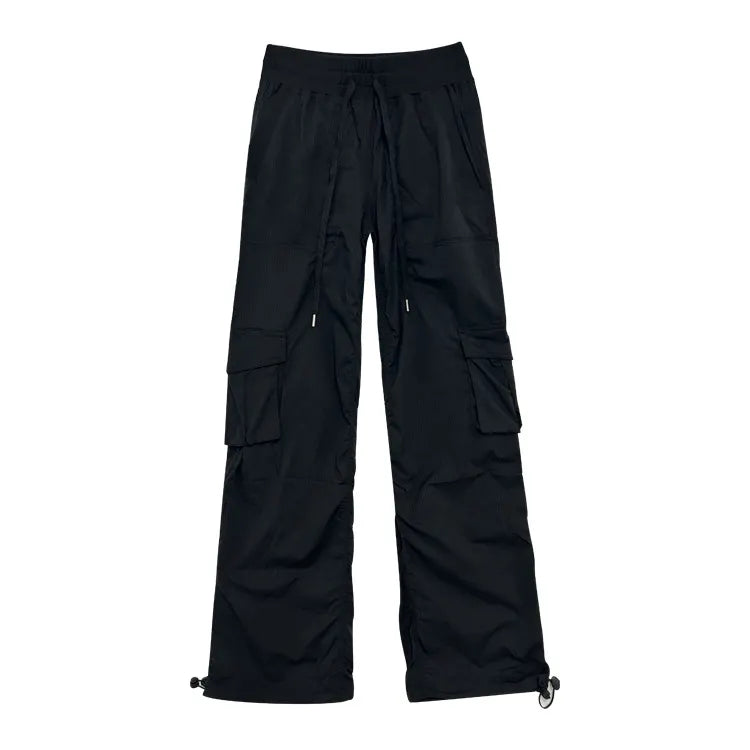 Matching Flowy Linen Look Drawstring Waist Multi Pocket Straight Cargo Street Casual Long Pants