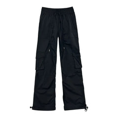 Matching Flowy Linen Look Drawstring Waist Multi Pocket Straight Cargo Street Casual Long Pants