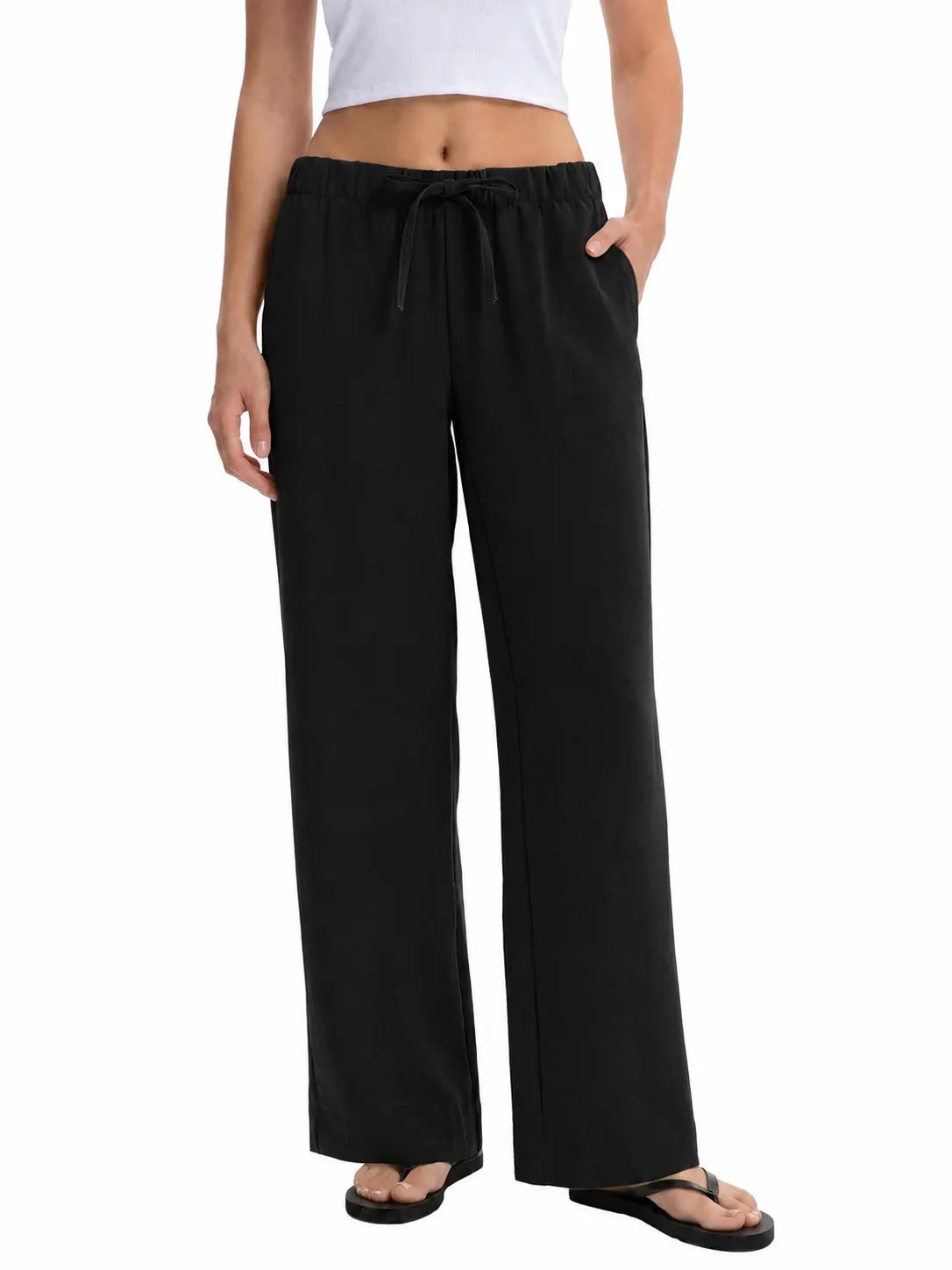 Drawstring Elastic Waist Wide Leg Casual Long Pants Solid Color Loose Trousers