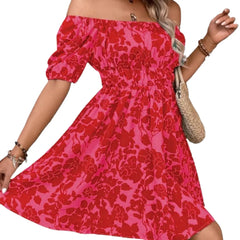 Floral Print Off Shoulder High Waist Swing Dress Short Sleeve Elegant Casual Midi Dress