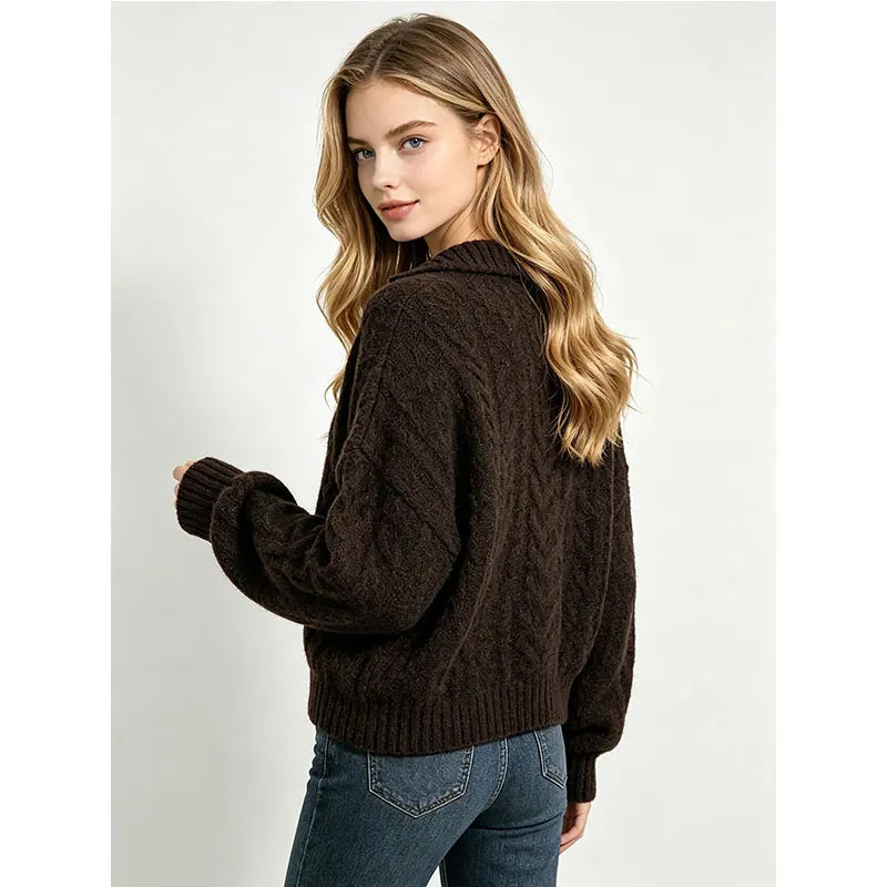 Cable Knit Polo V Neck Pullover Sweater