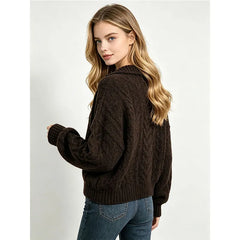 Cable Knit Polo V Neck Pullover Sweater