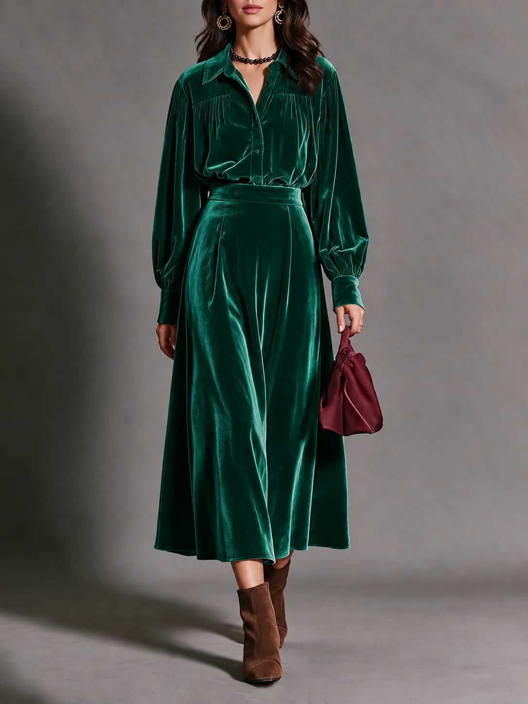 Purple Velvet Matching Set, Puff Sleeve Shirt and Flowy Midi Skirt