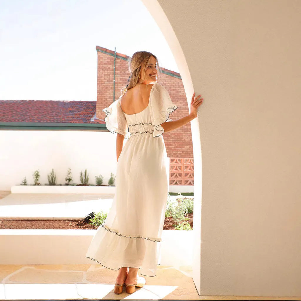 White Off Shoulder Maxi Dress with Black Ruffle Trim