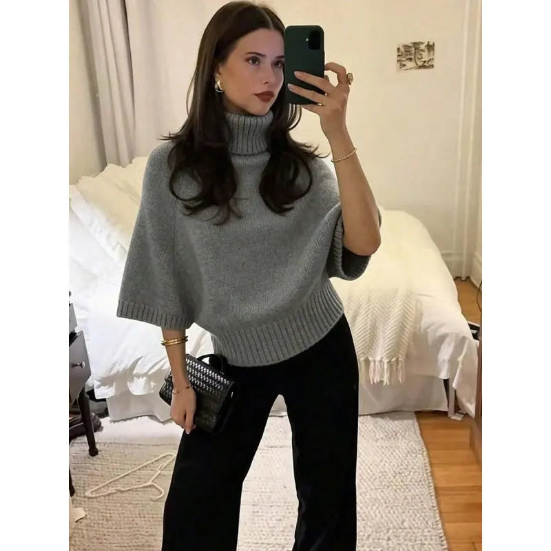 Oversized Chunky Knit Turtleneck Jumper Ladies Drop Shoulder Puff Sleeve Sweater, Long Sleeve / 5 Point Sleeve
