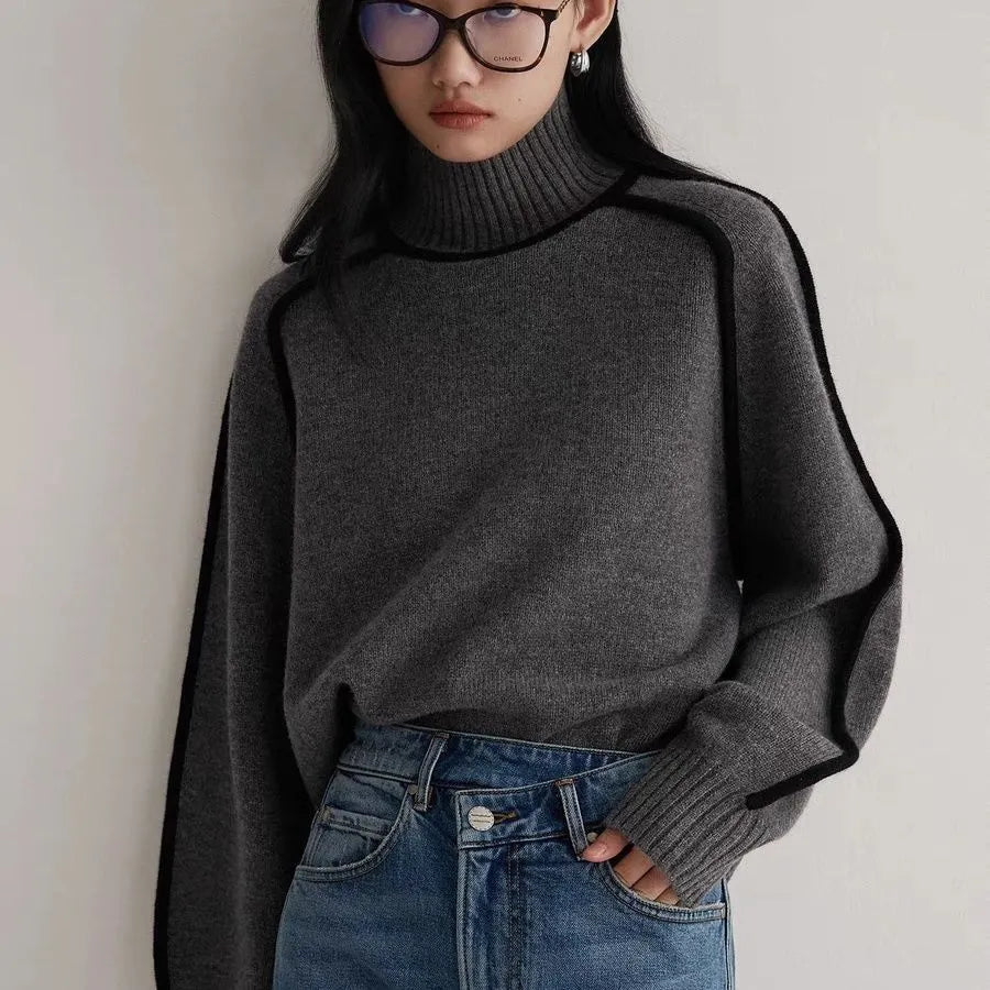 Contrast Trim High Neck Loose Pullover Sweater