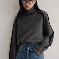 Contrast Trim High Neck Loose Pullover Sweater