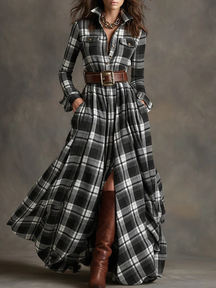 Vintage Western Tartan Plaid Maxi Dress for Collared Long Sleeve Flowy A Line Shirt Dress