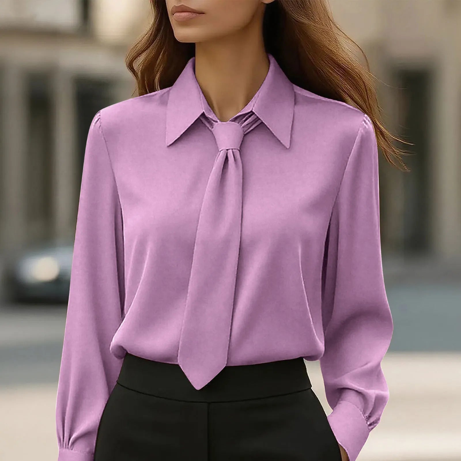 Lapel Tie Neck Solid Soft Satin Long Sleeve Commuter Blouse