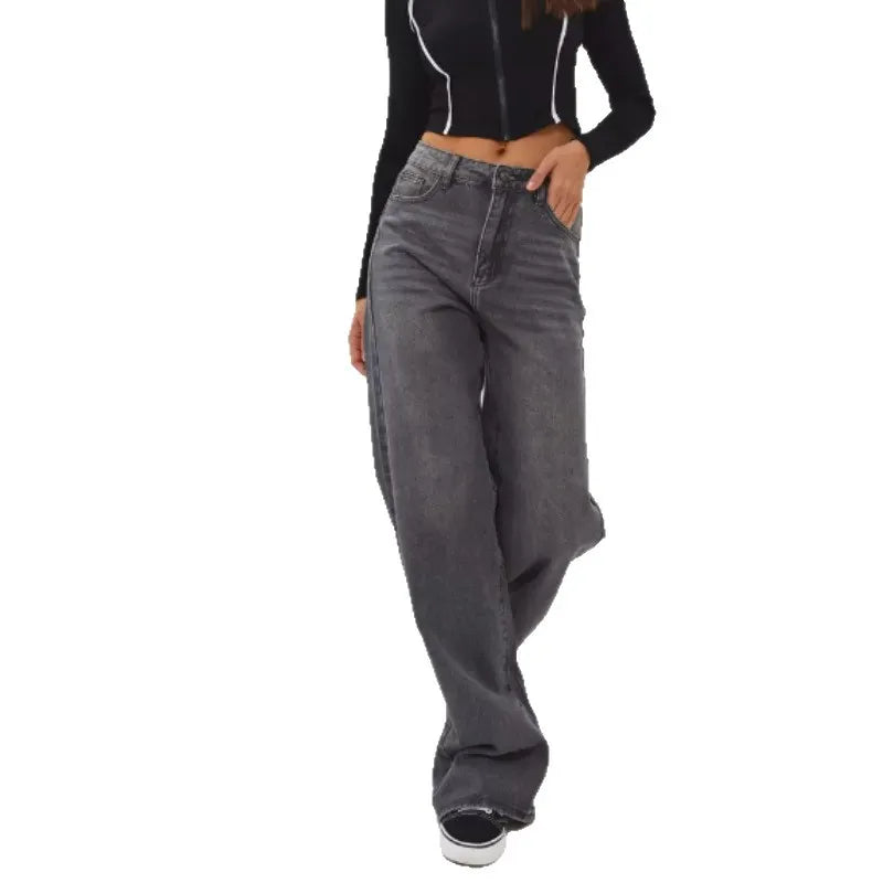 High Waist Stone Washed Grey Slight Stretch Wide Leg Denim Long Jeans