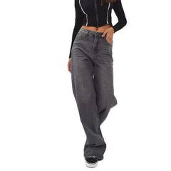 High Waist Stone Washed Grey Slight Stretch Wide Leg Denim Long Jeans