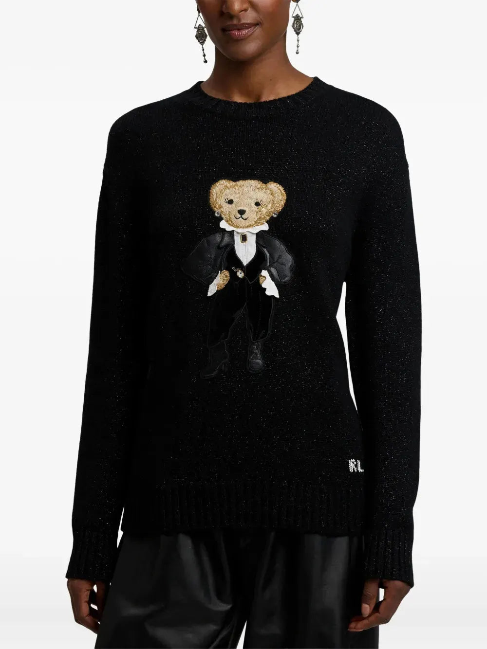 Cartoon Bear Applique Crew Neck Pullover Sweater