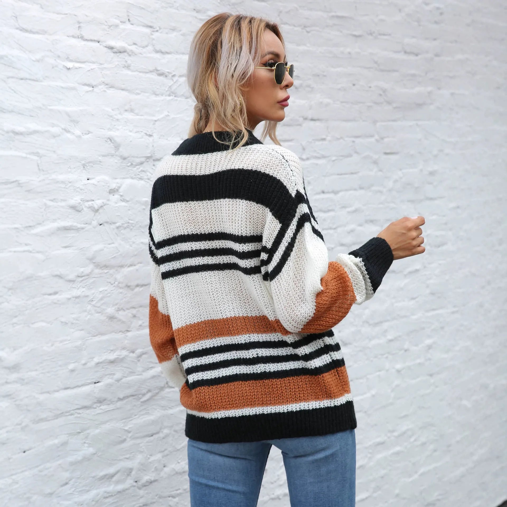 Color Block Striped Crew Neck Sweater Oversized Long Sleeve Knit Pullover