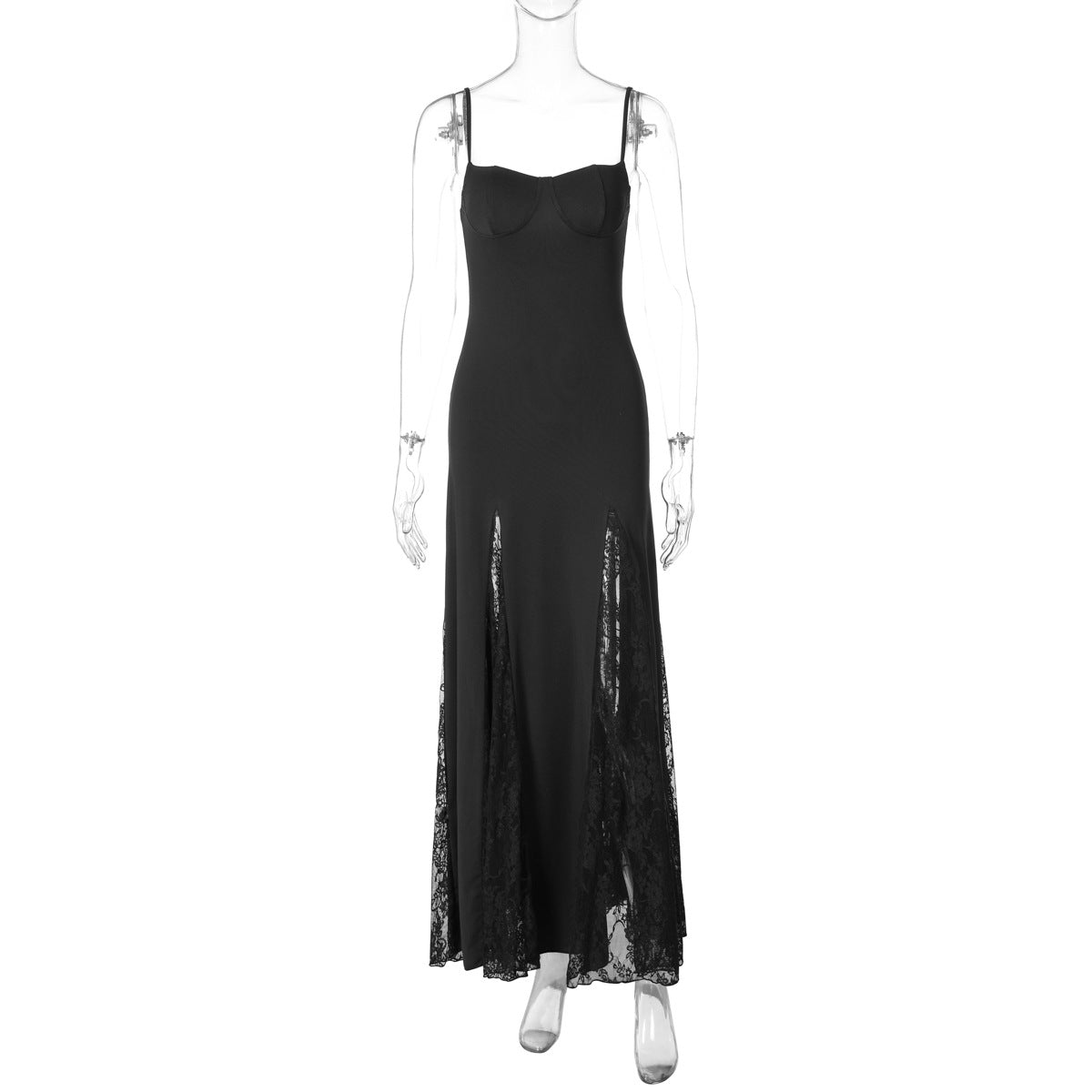 White Spaghetti Strap Mermaid Maxi Dress, Bustier Lace Slit Formal Evening Gown