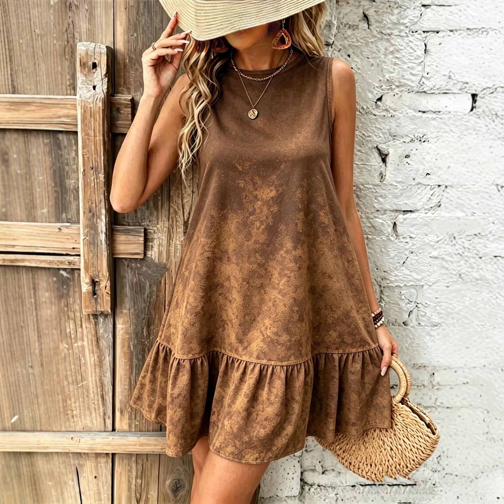 Green Gradient Round Neck Sleeveless Ruffle Hem Mini Dress