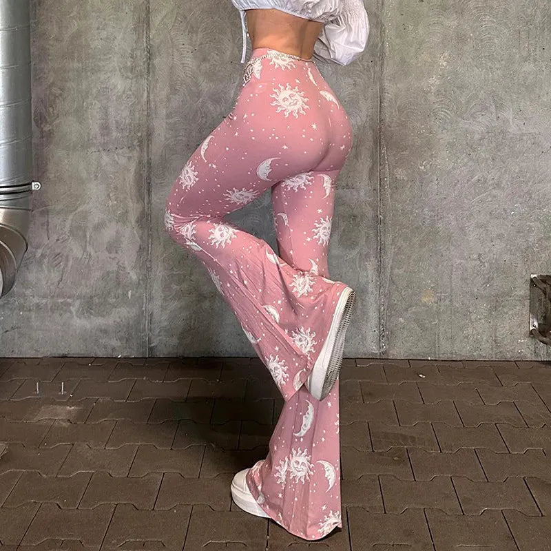 High Waist Sun Moon Print Flared Casual Pants