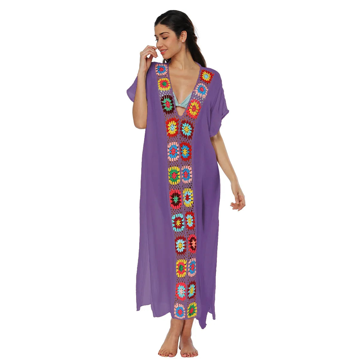 Colorful Crochet V-Neck Batwing Sleeve Loose Long Cover-Up Dress