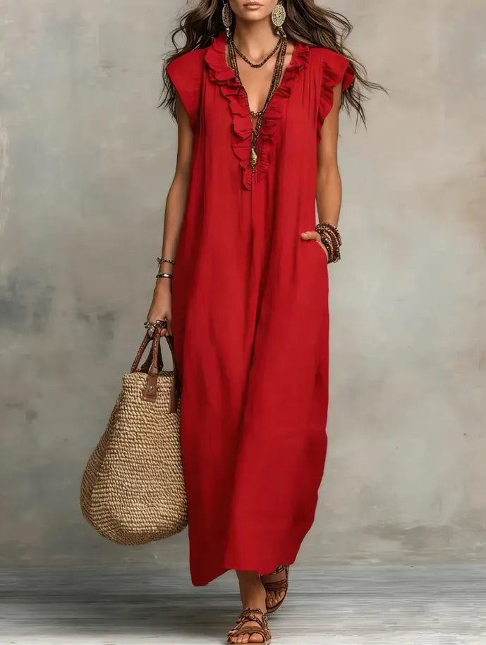 Ruffle-Trimmed Linen-Blend Maxi Dress